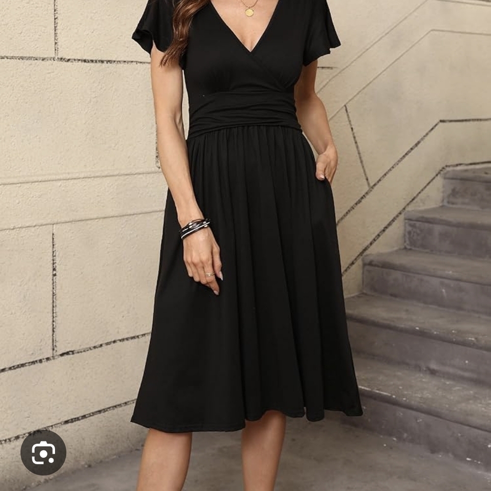 NEW Black A-Line Midi Dress with Flutter Sleeves size S